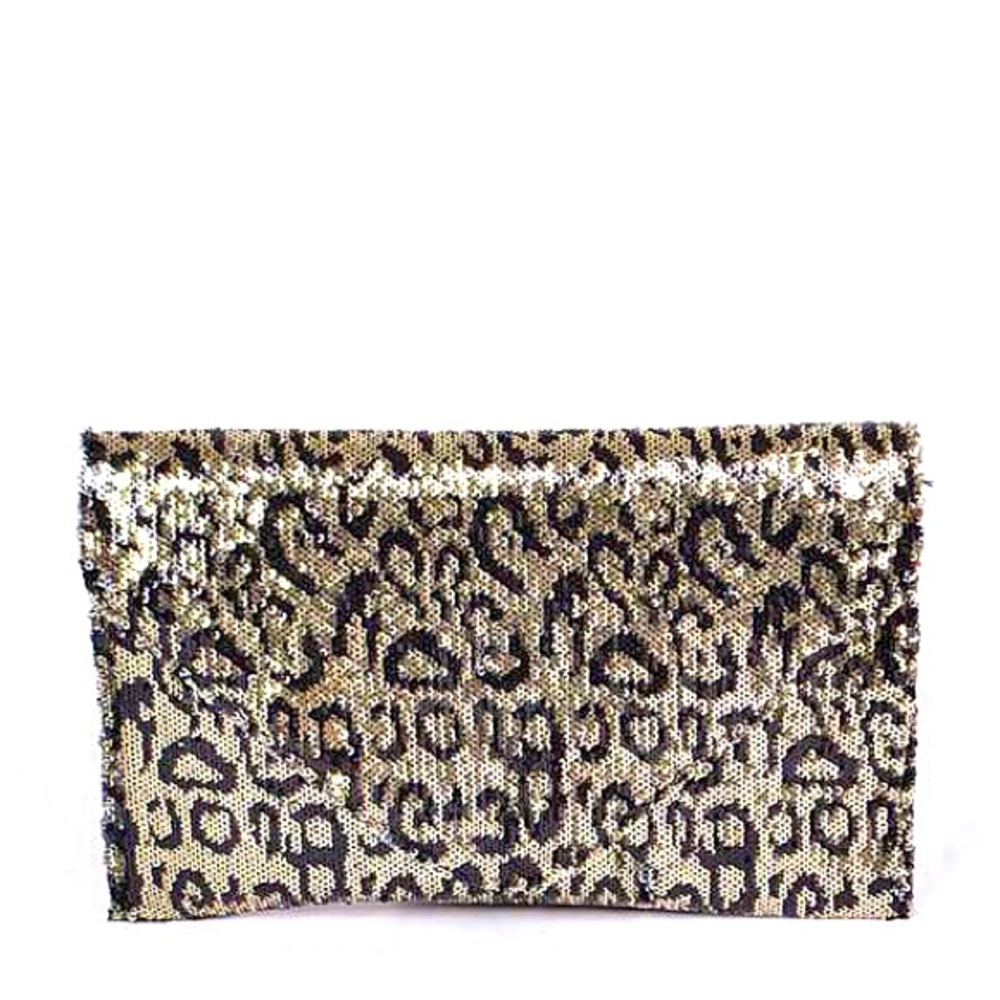 Metallic Gold Leopard Animal Print Sequins Envelope Clutch Bag